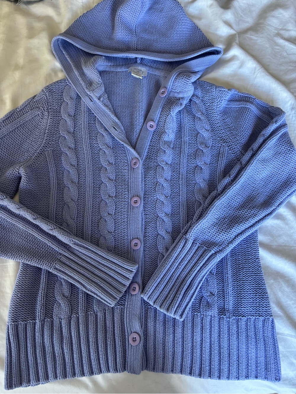 Ann Taylor Loft Lavender Cable Knit Hooded Cardigan Sweater